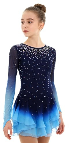 Kmarouse Vestido de Patinaje Artístico Con Cuello Redondo Y Brillantes Disfraces de Baile for Niñas Vestido de Competición de Patinaje Sobre Hielo(S)