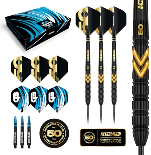 RED DRAGON DARTS - 50 Year Anniversary Player Edition - Gerwyn Price 'Iceman' 23g - Professional Steel Tip 90% Tungsten Darts Set - Includes Dart Flights & Dart Stems (Shafts)