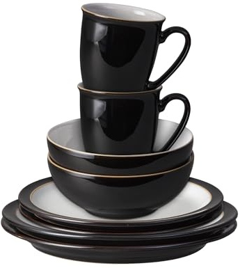 Denby - Elements 8 Piece Dinner Set For 2 - Black Glaze, Dishwasher Safe, Microwave, Oven Proof Plate & Bowl Set - 4 x Lunch Plates, Dinner Plates, Cereal Bowls, Coffee Mugs - Chip Resistant Tableware