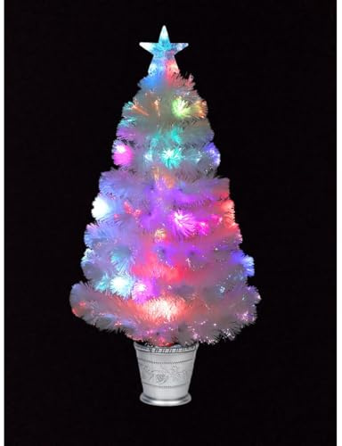 Trendi 2ft Multi-Coloured Fibre Optic Christmas Tree with Star & Cones | Pre-Lit Tabletop Xmas Tree | 12V 3.6W Isolating Transformer Plug with Timer | Mini Fibre Optic LED Christmas Decoration (White)