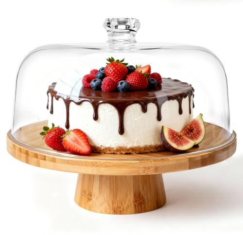 Masthome 6-in-1 Multifunktionaler Tortenständer aus Bambus mit Plastik-Abdeckhaube und Standfuß – Verwendbar als Unterteilte Servierplatte und Salatschale für Kuchen, Obst, Snacks und Nüsse
