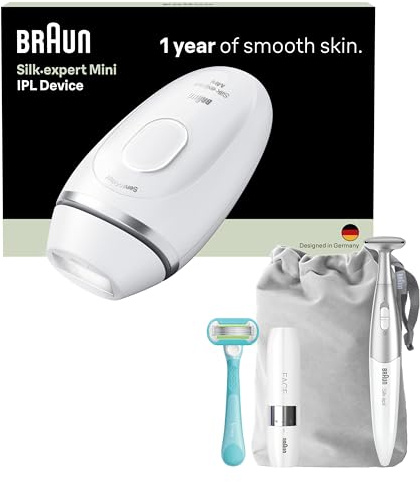 Braun Depiladora Luz Pulsada Silk·expert Mini, IPL, Depilación Láser en Casa, Depiladora Laser con Funda, Mini Depiladora Facial, Recortadora para Zona de Bikini Y Maquinilla Venus, PL1115