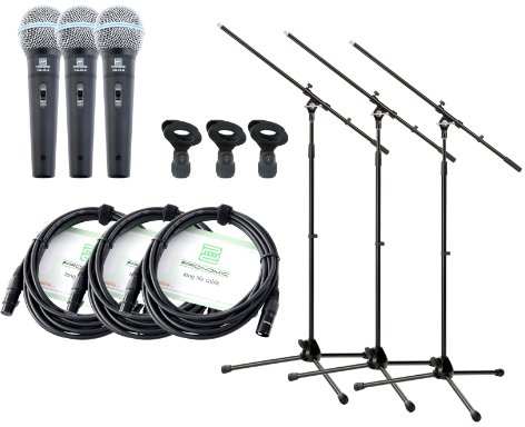 Pronomic DM-58-B Vocal Micrófono 3X Starter Set - Micrófono Dinámico - Cable XLR de 5 m de Largo - Soporte de Micrófono con Brazo - Abrazadera - Negro