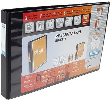 Elba A3 4 D-Ring Binder, PVC-Covered Presentation Folder with Customisable Cover, 55 mm Spine, 30 mm Capacity, Landscape, Black, Single