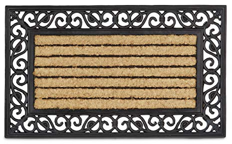 Relaxdays Paillasson fibres de coco tapis de sol rectangle résistant rayé fleur 75x45 cm antidérapant, nature/noir, 80 x 150 cm