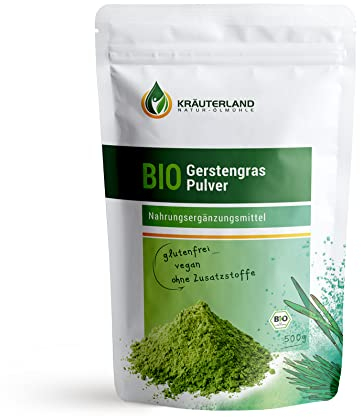 Kräuterland Bio Gerstengras Pulver 500g - reines Gerstengraspulver aus kontrolliert biologischem Anbau - Rohkost in Premium Qualität
