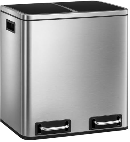 Floordirekt Mülleimer Küche 2×15L Edelstahl | 2-Fach Mülltrennsystem, Treteimer Küche, Metall, Soft-Close, luftdicht, Kunststoff-Inneneimer, Klappdeckel – (Felix)