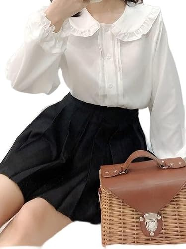 FRESQA White Shirt Women Kawaii Peter Pan Collar Blouses Button Up Long Sleeve Cute Ruffle Tops Lolita Style Mori Girl Aesthetic