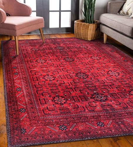 DAPHNE HOME DECOR Machine Washable Rug, Non-Slip, Soft Low Pile Carpet, Vintage Boho Area Rugs for Kitchen, Bedroom, Living Room (Red Rug - Terrarossa, 80x150 cm)