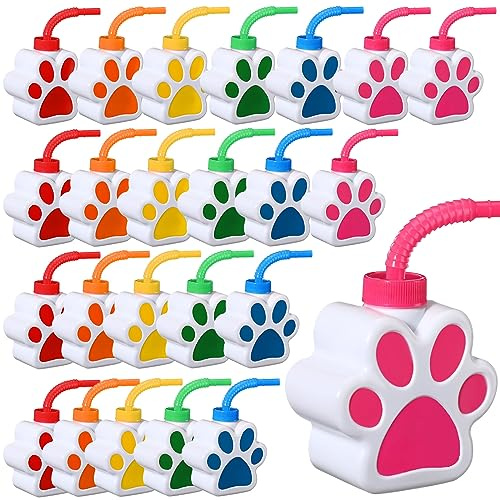 Sratte 24 Pcs 10 oz Dog Paw Cups for Kids with Straw and Lid Dog Birthday Party Decorations, Plastic Blue Paw Print Puppy Drinking Cup Bulk for Puppy Theme Party Favors
