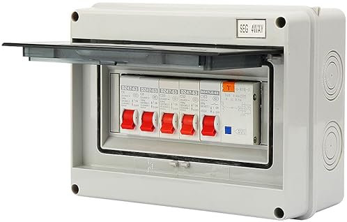 4-Way IP65 Protection Garage Consumer Unit - Plastic Leakage Circuit Breaker, Fuse Box for Caravans, Workshops, 63A 30mA RCD 4MCB 2*6A+20A+32A