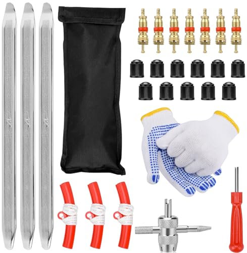 Tutamaz Reifenheber, 28 Stück Reifen Montiereisen,Reifenlöffel Montierhebel Werkzeug Set,Reifen Hebel Werkzeug Löffel, Reifenwechselset Mit 3 Rad Felge Protektoren Tool Kit für Motorrad Fahrrad Reifen