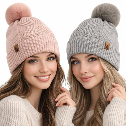 A2Z Ladies Winter Beanie Hat with Faux Fur Pom Pom Soft Stretch Knit Warm Cosy Lightweight Bobble Hat for Women Comfortable Cold Weather Everyday Wear