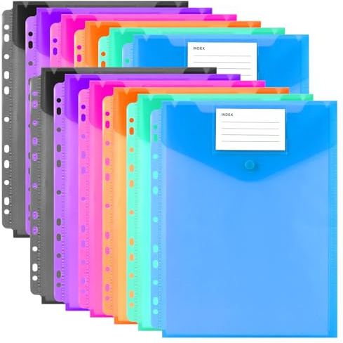 Carteras de plástico para documentos de 6 colores, 12 carteras de plástico A4 perforadas, carpeta perforada, bolsillo expandible con botón a presión y bolsillo para etiquetas para papeleo, papelería