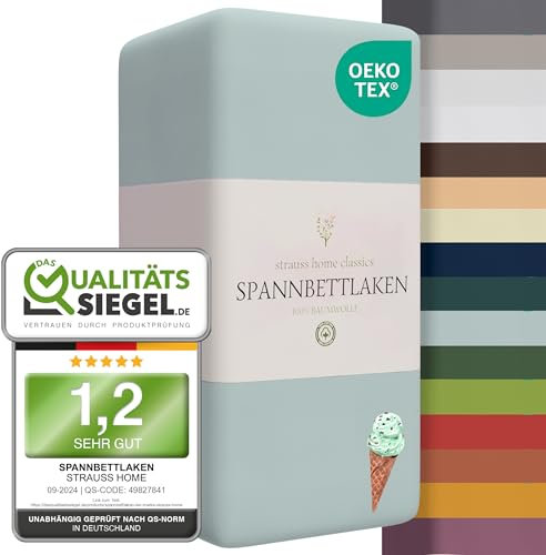 Strauss Home ® Jersey Spannbettlaken Spannbetttuch Bettlaken 100% Baumwolle 90x200-100x200 cm (Minzblau/Mint)