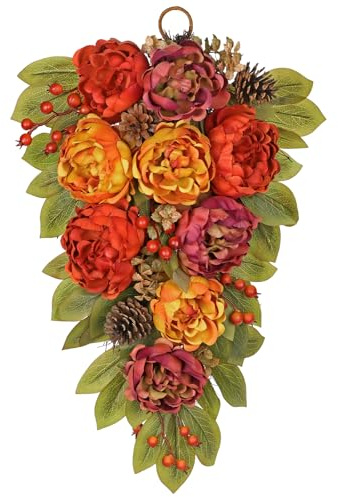 Oairse 23.6 Fall Teardrop Swag with Peonies Artificial Hanging Floral Arrangement with Berries & Leaves Realistic Autumn Teardrop Wreath for Harvest Thanksgiving Front Door Wall Fireplace