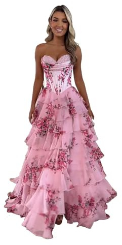 Generico Abiti da Ballo Senza Spalline con Corsetto per Le Donne Lunghi Abiti da Ballo in Chiffon A Strati Abiti da Sera Formali con Spacco Pink White XXS