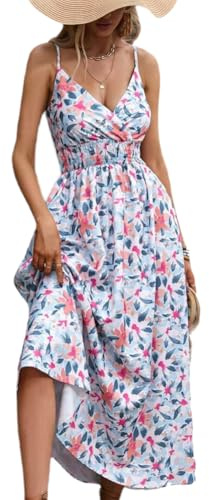 XIVISTO Robe à Bretelles Femme Longue Casual Fleurie Ete Col en V Sexy Boheme sans Manche Elegant Tunique Swing Casual Robe Vintage Dress Vacances Plage