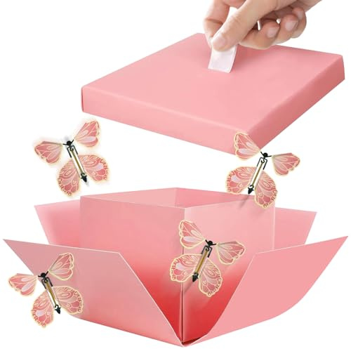 Rierousy Scatola regalo a sorpresa con farfalla, scatola esplosiva fai da te, piccola scatola esplosiva, regalo di compleanno per amici e familiari (rosa)