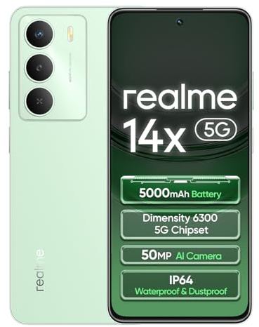 realme 14x Smartphone 5G 8+256GB, Peridot Green, 6.67 Pouces d'écran, 120Hz d'affichage, 5000 mAh de Batterie, 50 MP de caméra AI, MediaTek Dimensity 6300, Protection ArmorShell, IP64