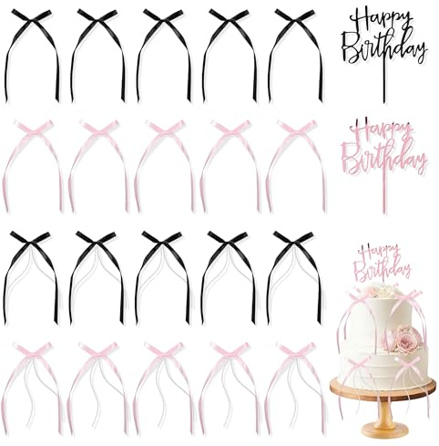 PYSEOSISE Lazos para Tarta, Negro y Rosa Lazo para Decoración de Tartas, 50 Piezas Lazos Toppers y 2 Piezas Happy Birthday Cake Topper para Cumpleaños y Tarta Nupcial