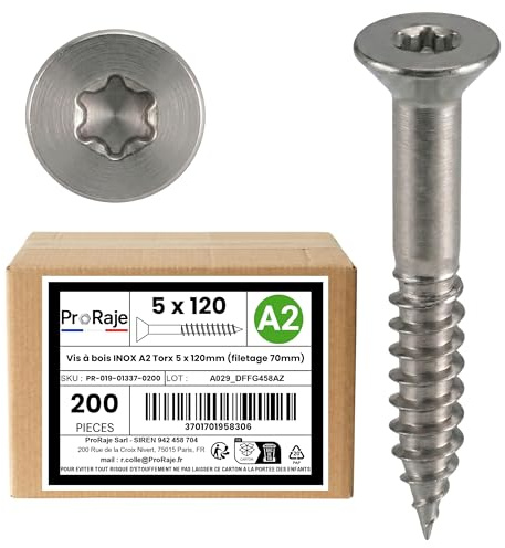 PRORAJE Vis à bois INOX A2 : 5 x 120 mm (filetage 70mm) | Tête fraisée empreinte TORX (TX) | Acier inoxydable A2 (V2A / AISI 304) | construction/aggloméré/terrasse/etc : LOT DE 200 Pcs