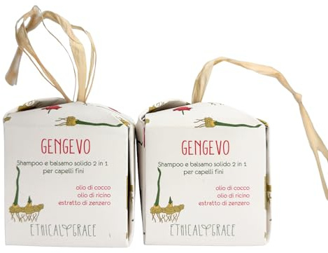 Ethical Grace - Gengevo - Shampoo e Balsamo Solido 2 in 1 Vegano Naturale per avere Capelli Voluminosi e Leggeri con Estratto di Zenzero, Olio di Cocco, Olio di Ricino e Proteine del Grano 90 gr