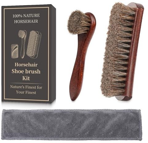 3PCS 100% Horse Hair Shoe Brush Set for Leather Boots Horsehair Brush for Polishing Cleaning Buffing Professional Shoe Shine Kit for Men Suede Boot Care Conditioner Accessories Tool