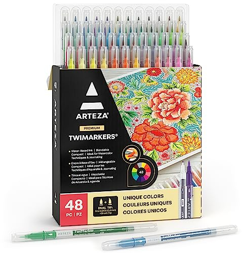 ARTEZA Dual Tip Brush Markers – Set of 48 Pens with Fine and Brush Tips, Water-Based Ink for Coloring, Sketching, Lettering & Journaling