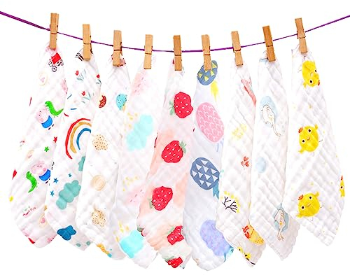 LIUNIAN 10 PACKS Baby Musselin Waschlappen, 100% Baumwolle, natürliche Baby-Tücher, extra weiches, atmungsaktives Neugeborenes Baby-Gesichtstuch für empfindliche Haut, 12x12