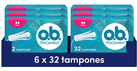 Tampones OB ProComfort Ultimate Comfort Mini (6 x 32), tampones de absorbencia ligera sin sustancias químicas nocivas ni fragancia, tampones sin aplicador no blanqueados con cloro