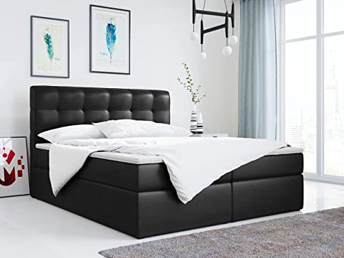MKS MEBLE Boxspringbett 180x200 mit Matratze, Bett mit Multipocket - Matratze H3 und Topper, Polsterbett 180x200 mit Bettkasten und Kopfteil, ERNI - Schwarz Kunstleder