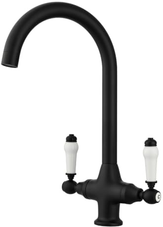 Kitchen Mixer Tap with White Ceramic Dual Lever, Matte Black Kitchen Sink Faucet with 360 Swivel Spout. Traditional Swan Neck Bar Taps with Flexible Hoses