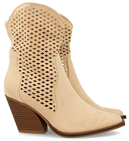 shoes&blues.es 62300-Botin de Tacon para Mujer, Comodos, con Calados en Cana, y Cierre de Cremallera, Otono Invierno 2021. Talla 41 Beige