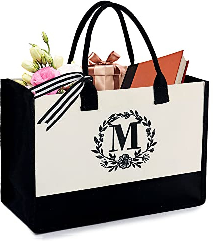 BeeGreen Embroidery Initial Canvas Tote Bag Monogram Personalized Gifts Bags for Birthday Beach Wedding Work Large Unique Baskets for Women, Teacher, Mom, Friend, Bride, Bridesmaids Sister Nurse M
