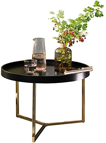 möbelando Couchtisch JESI 58,5x42x58,5cm Schwarz/Gold Sofatisch Metall Rund | Designer Retro Wohnzimmertisch modern | Kleiner Loungetisch mit Metallgestell | Runder Tabletttisch mit Holz-Platte