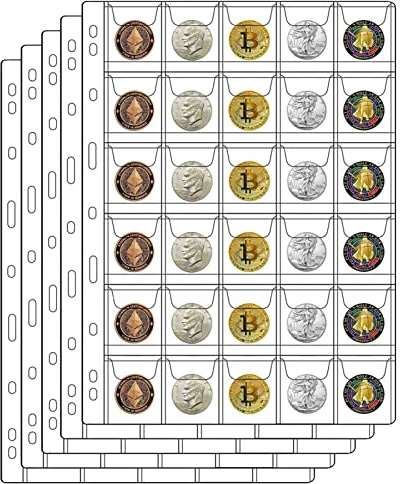 30-Pocket Coin Pages for Collectors, Standard 9-Hole Coin Collection Pages fit Most Binder, Coin Collecting Supplies, Coin Sleeves for Coin, Stamp, Badges etc (30 Pocket - 5 Sheets)