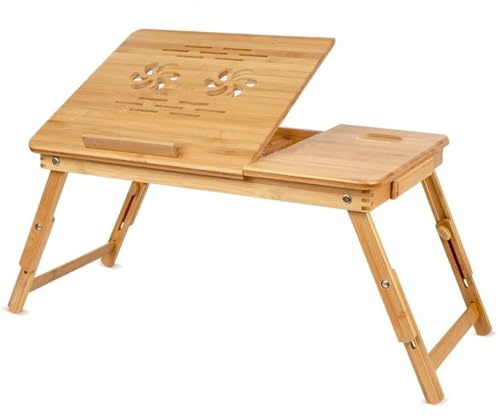 BAKAJI Tavolino Vassoio Colazione da Letto in bamboo, Con gambe pieghevoli e telescopiche ideale per Divano Porta Notebook Pc (60 x 40 x 25 cm (telescopico)