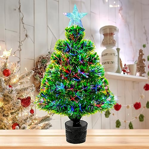 Piccolo albero di Natale da tavolo da 55 cm, mini alberi di Natale artificiali in fibra ottica pre-illuminati con luci a LED che cambiano colore, stella illuminata sulla cima dell'albero
