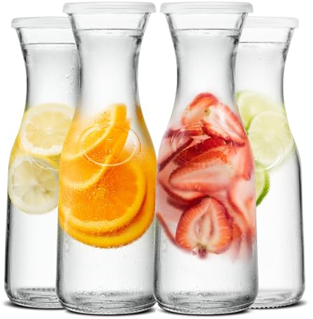 Kook Glass Carafe, Mimosa Bar Supplies, Carafe Pitchers with Lid, Glass Water Pitcher, Drink Dispensers for Parties, Tea, Wine, and Juice, Plastic Lids, Dishwasher Safe, 35 oz (set of 4)