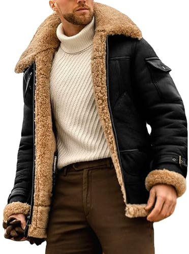 ZDJSWJ Cappotto vintage in pelle con collo in pelliccia da uomo Sherpa cappotto in pelle PU foderato Cappotto termico da volo per moto, Nero , XL
