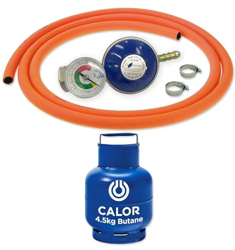 Catering Parts UK Screw On Butane Gas Bottle Regulator With Gas Level Leak Dial 2m Hose And Clips