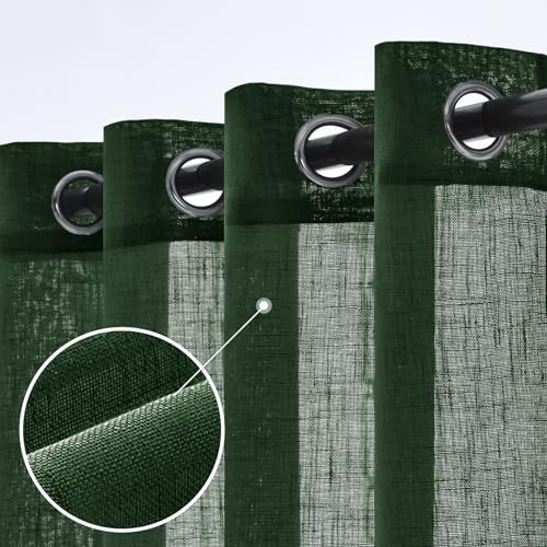 Woaboy Leinen Gardinen Halbtransparent Vorhänge Leinenoptik Wohnzimmer mit Ösen Stores Gardine Schlafzimmer Modern Ösenvorhang Schlaufengardinen 2er Set 140x225cm (BxH) Dunkelgrün