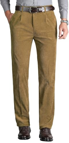KTWOLEN Pantaloni da Uomo in Velluto a Coste Ufficio Pantaloni Classico Eleganti Pantaloni da Jogging Formale e Casual con Tasche, Cachi, 36