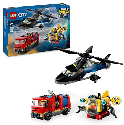 LEGO City 3in1 Helicopter, Fire Truck & Submarine Remix Toy with 3 Minifigures - Buildable Toy Vehicles for 7+ Year Old Boys & Girls - Gift Ideas for Birthdays & Holidays - 60462