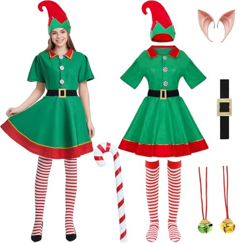 Raveparty Elf Costume Adult, Elf Costume Women Men, Elfs Outfit with Hats Socks Ears Inflatable Cane Bell for Women Men Christmas Costumes (Woman, L)