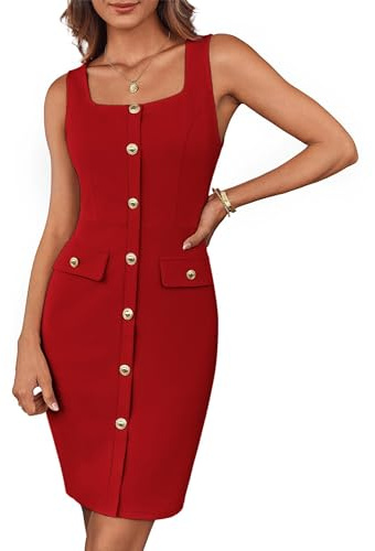 GRACE KARIN Women's Cocktail Dress Elegant Dress Sleeveless Square Neck Button Belted Business Work Office Formal Dress Wrap Dress Bodycon Mini Dress with Belt