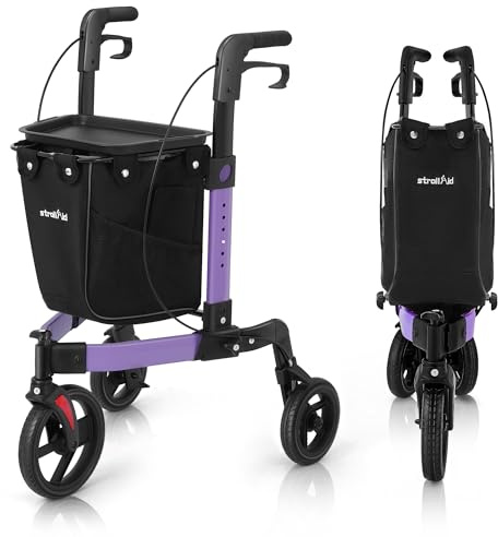 StrollAid 3 Wheel Walkers for Seniors, Foldable Rollator Walker with Tray & Large Storage Bag, 10 Big Wheel for All Terrain, 350 lb Weight Capacity, Purple