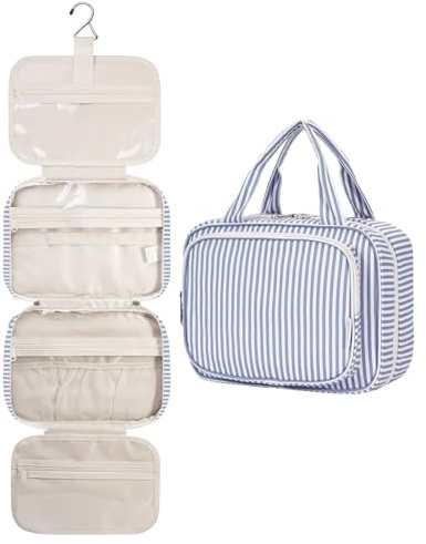 Narwey Hanging Travel Toiletry Bag for Women Wash Bag Cosmetics Makeup Bag Organizer for Travel Size Accessories (Greyish Blue Stripe (Medium))