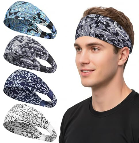 Loiluliy Sports Headband for Men - 4 Pack Non-Slip Sweat Bands Hairbands Elastic Absorption for Running, Cycling, Gym, Basketball, Yoga, Tennis